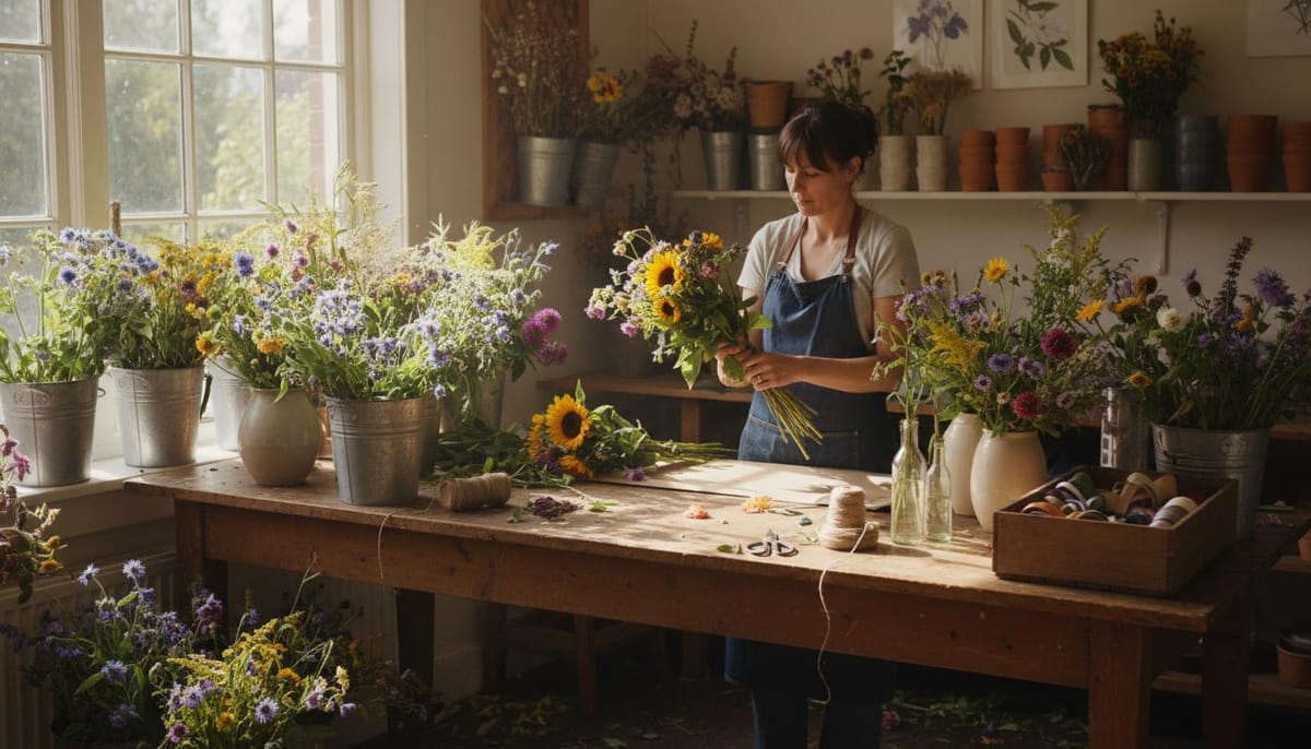 Atelier de composition florale en plein travail