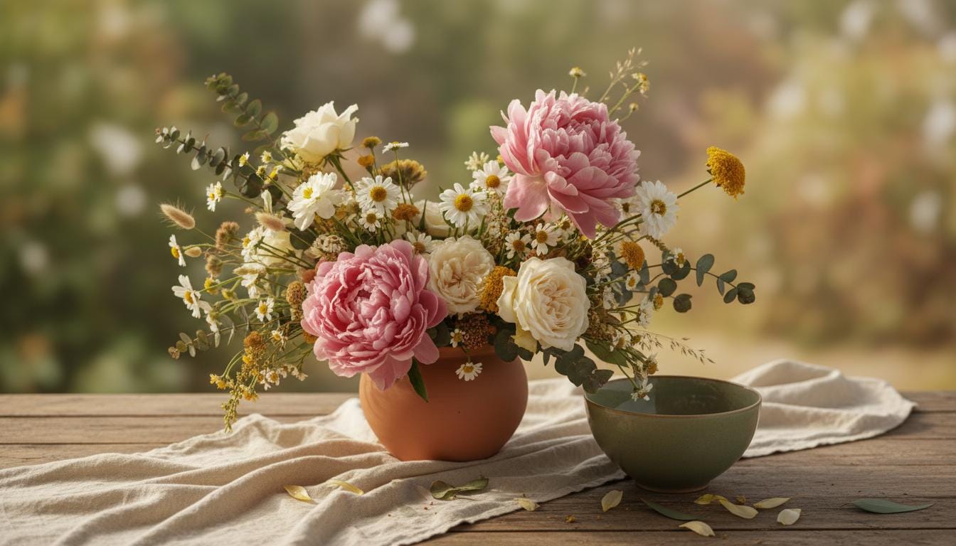 Bouquet créatif d'inspiration champêtre, fleurs de saison