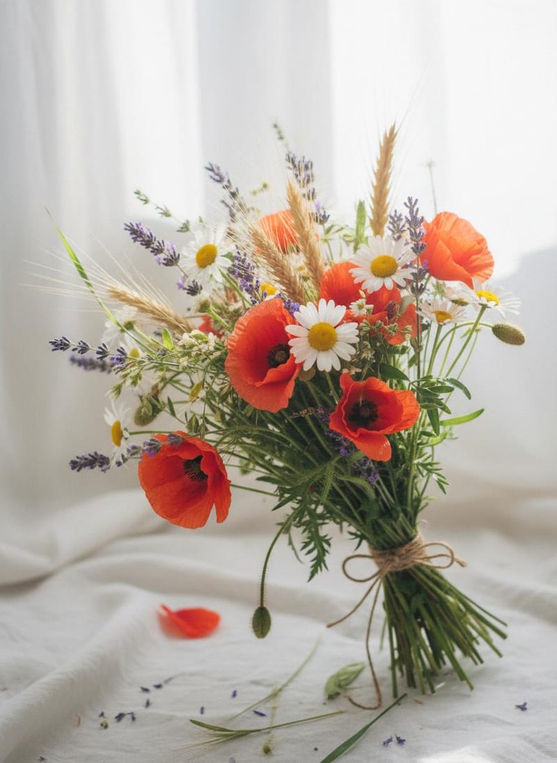 Bouquet champêtre coloré en cours de composition
